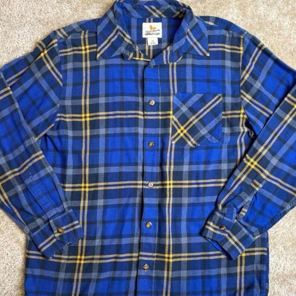 Field & Stream Blue Yellow Plaid Long Sleeve Flannel Button-down Size Large